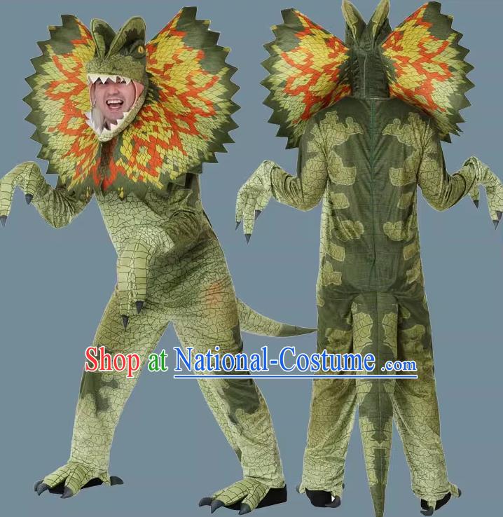 Top Stage Performance Jurassic Dinosaur Clothing Cosplay Dilophosaurus Green Outfit Halloween Party Costume