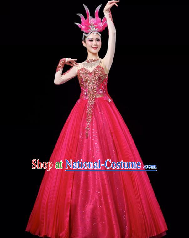 Rose Red Opening Dance Large Swing Skirt Dance Costume Large Party Stage Costume Performance Costume Long Skirt Tutu Skirt Wings