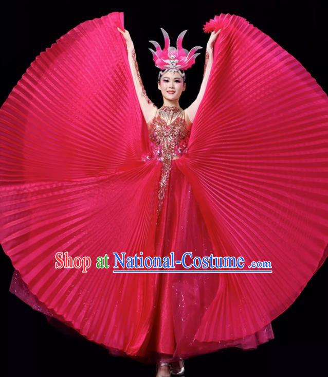 Rose Red Opening Dance Large Swing Skirt Dance Costume Large Party Stage Costume Performance Costume Long Skirt Tutu Skirt Wings