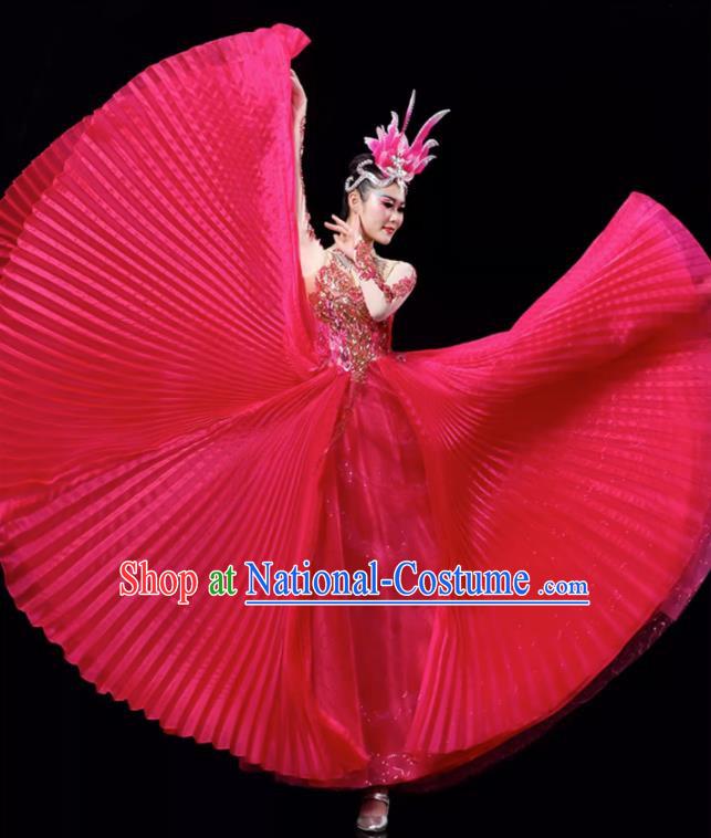 Rose Red Opening Dance Large Swing Skirt Dance Costume Large Party Stage Costume Performance Costume Long Skirt Tutu Skirt Wings