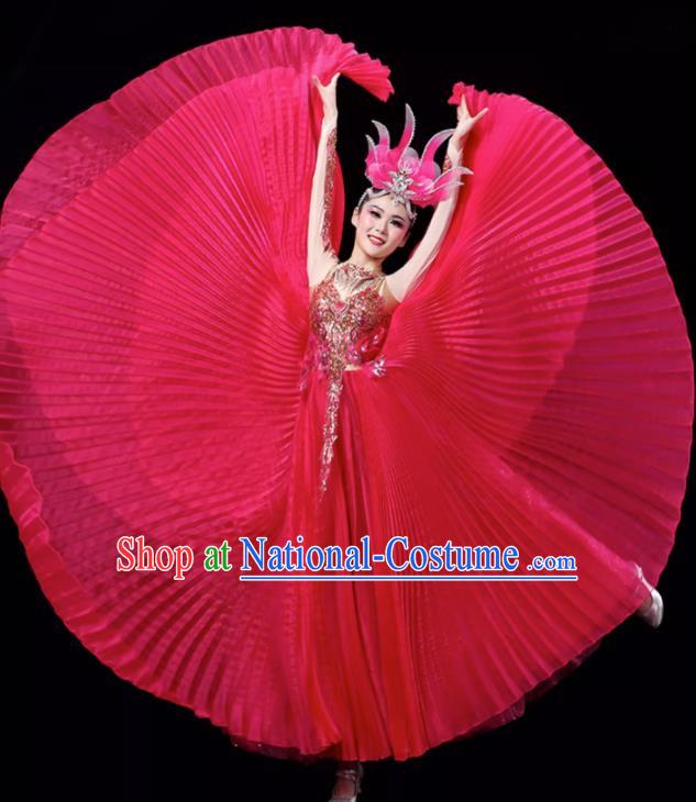 Rose Red Opening Dance Large Swing Skirt Dance Costume Large Party Stage Costume Performance Costume Long Skirt Tutu Skirt Wings