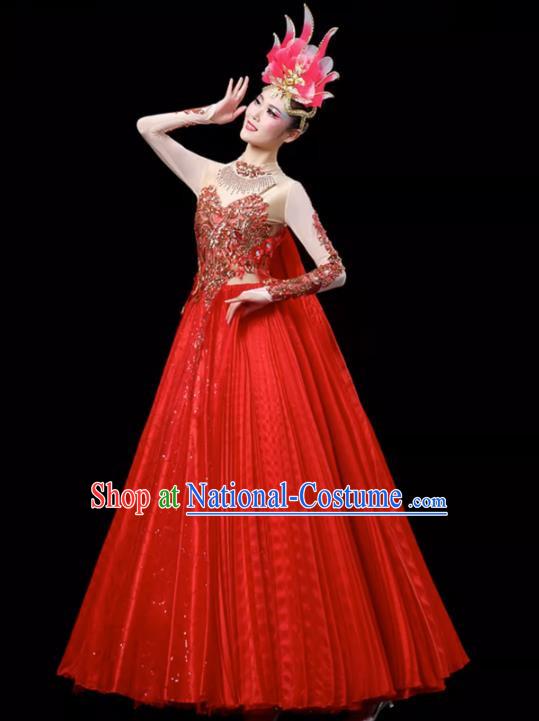 Red Opening Dance Large Swing Skirt Dance Costume Large Party Stage Costume Performance Costume Long Skirt Tutu Skirt Wings