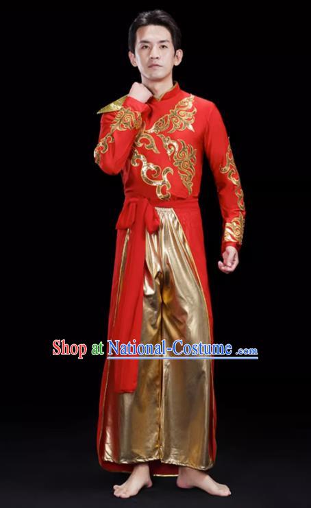 Red Men S Drumming Suit Opening Dance Costume Male Backup Dancer Suit Modern Dance Costume Fan Dancer Dragon Dance Costume