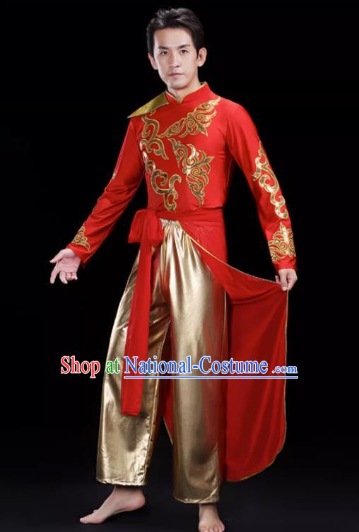 Red Men S Drumming Suit Opening Dance Costume Male Backup Dancer Suit Modern Dance Costume Fan Dancer Dragon Dance Costume