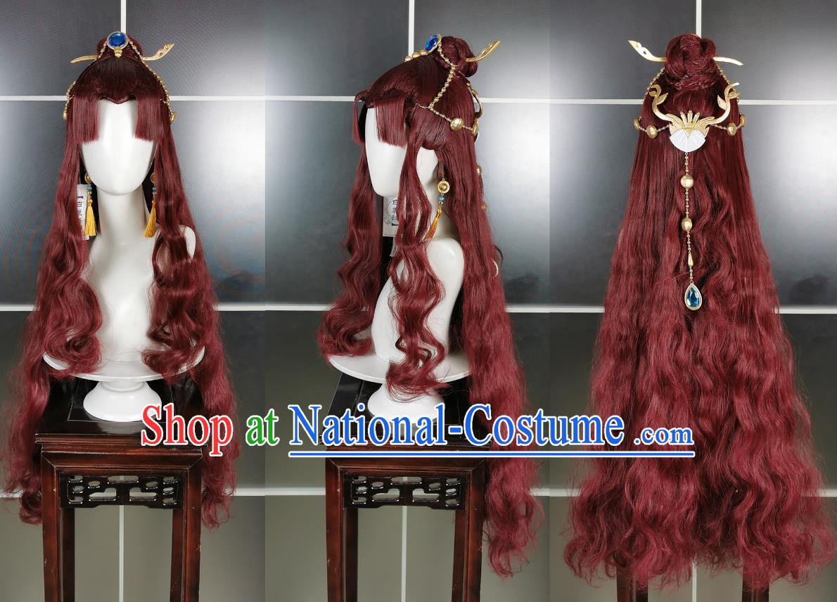 Penglai Npc Ginger Fish Wig Headdress Sword Net 3 Sword Three Cosplay Headwear Styling Hair