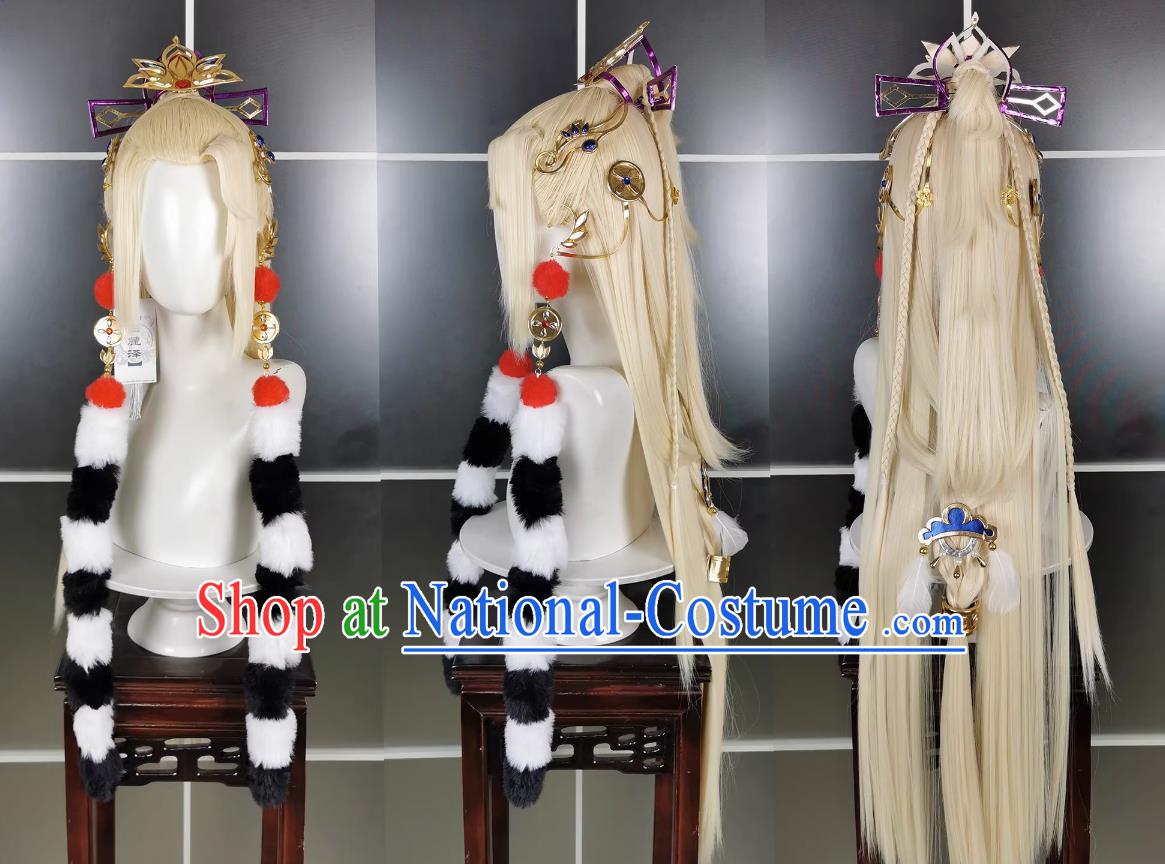 Indra Monkey Gold Female Wig Headdress Sword Three Cosplay Wig Headgear Blonde Hair