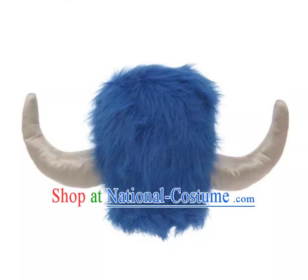 Handmade Cosplay Buffalo Hat Halloween Stage Performance Blue Fur Cowhorn Hat