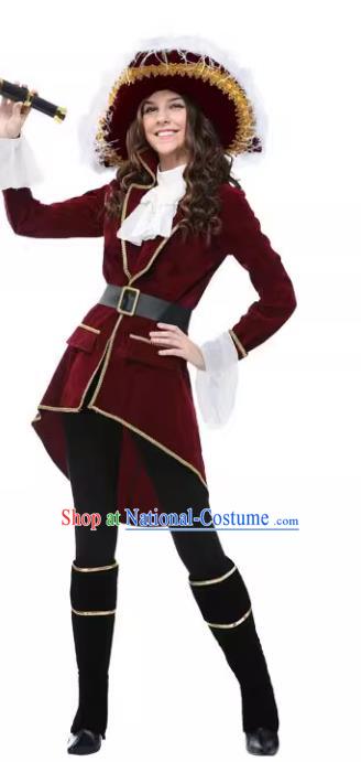 Halloween Stage Performance Clothing Fancy Ball Female Captain Costume Cosplay Woman Pirate Wine Red Outfit