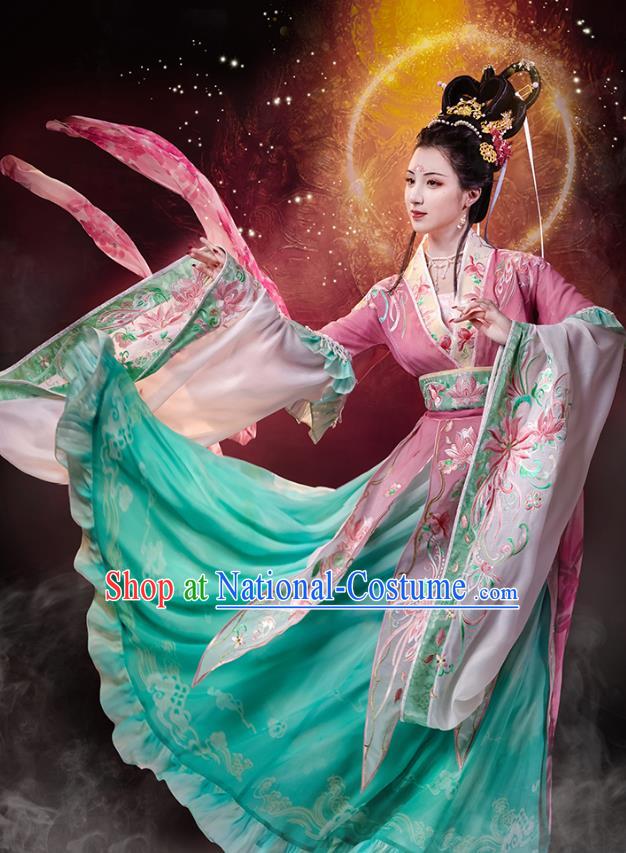 China Jin Dynasty Historical Costumes Embroidered Hanfu Dress Ancient Goddess Green Clothing