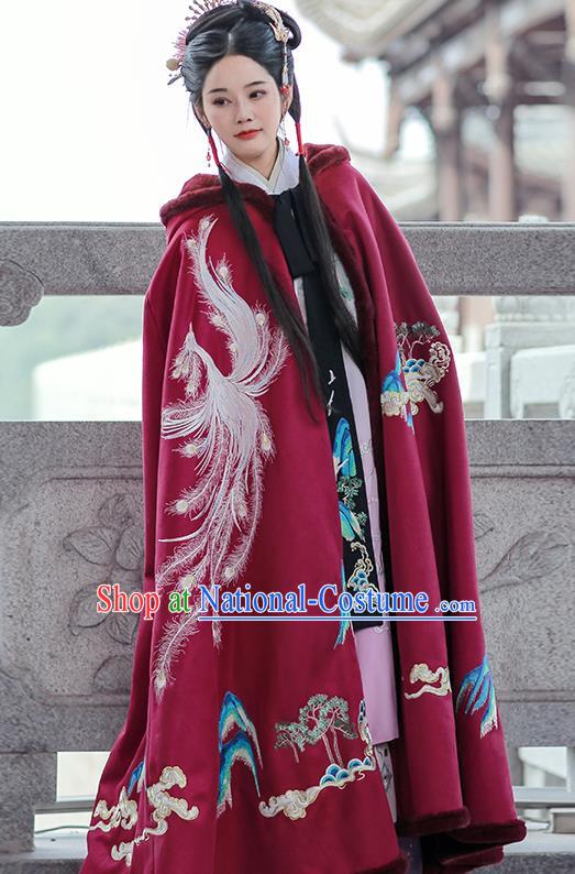 China Embroidered Hanfu Cape Ancient Princess Clothing Ming Dynasty Costumes Winter Wine Red Cloak