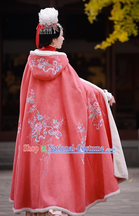 China Winter Pink Cloak Embroidered Hanfu Cape Ancient Princess Clothing Song Dynasty Woman Costume