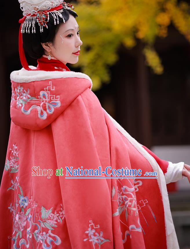 China Winter Pink Cloak Embroidered Hanfu Cape Ancient Princess Clothing Song Dynasty Woman Costume