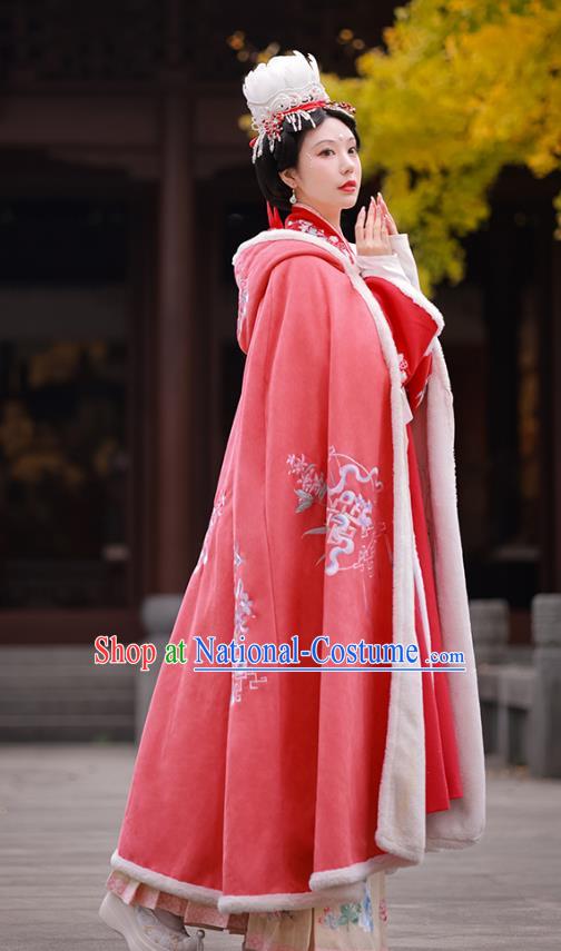 China Winter Pink Cloak Embroidered Hanfu Cape Ancient Princess Clothing Song Dynasty Woman Costume