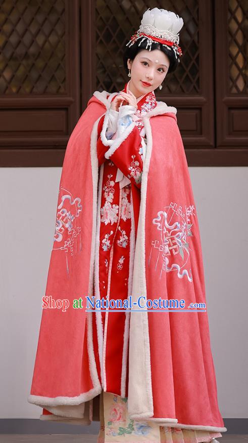 China Winter Pink Cloak Embroidered Hanfu Cape Ancient Princess Clothing Song Dynasty Woman Costume