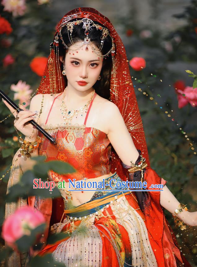 China Ancient Dancing Beauty Clothing Dun Huang Fairy Red Dress Western Region Xi Yu Dance Lady Costume