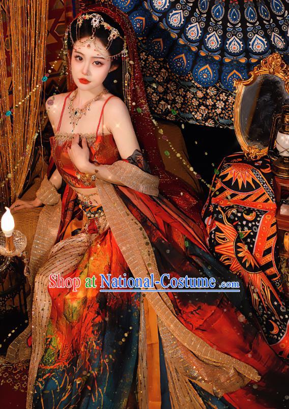 China Ancient Dancing Beauty Clothing Dun Huang Fairy Red Dress Western Region Xi Yu Dance Lady Costume