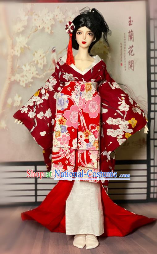 Top Super Dollfie Japanese Woman Clothing Customize Courtesan Red Trailing Kimono Handmade BJD Doll Costume