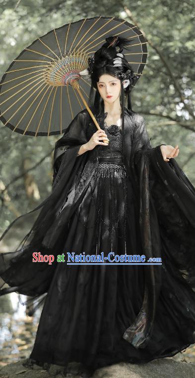 China Ancient Dark Angel Clothing Tang Dynasty Young Lady Costumes Traditional Hanfu Black Hezi Dress