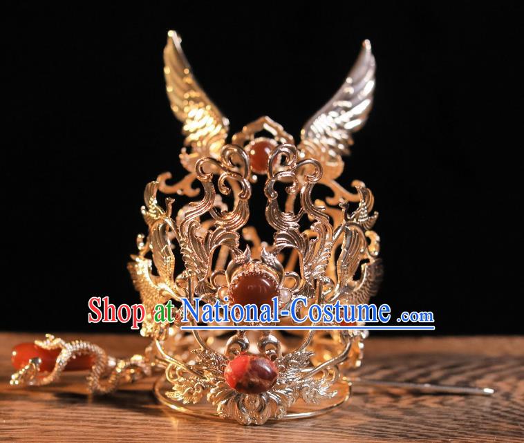 Chinese Ancient Emperor Hair Jewelries Top Hanfu Male Headgear Handmade Golden Crown and Hairpin