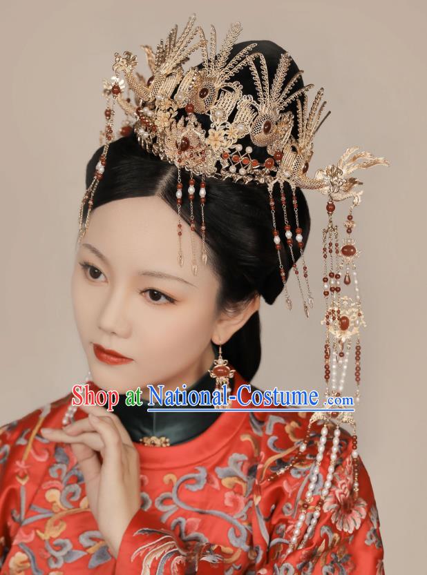 Top Hanfu Headdress Handmade Ming Dynasty Empress Phoenix Coronet Chinese Ancient Bride Hair Jewelries