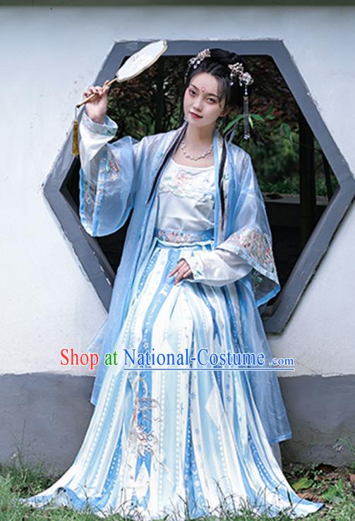 Traditional Hanfu Blue Long Beizi Dress China Ancient Young Lady Clothing Song Dynasty Embroidered Costumes