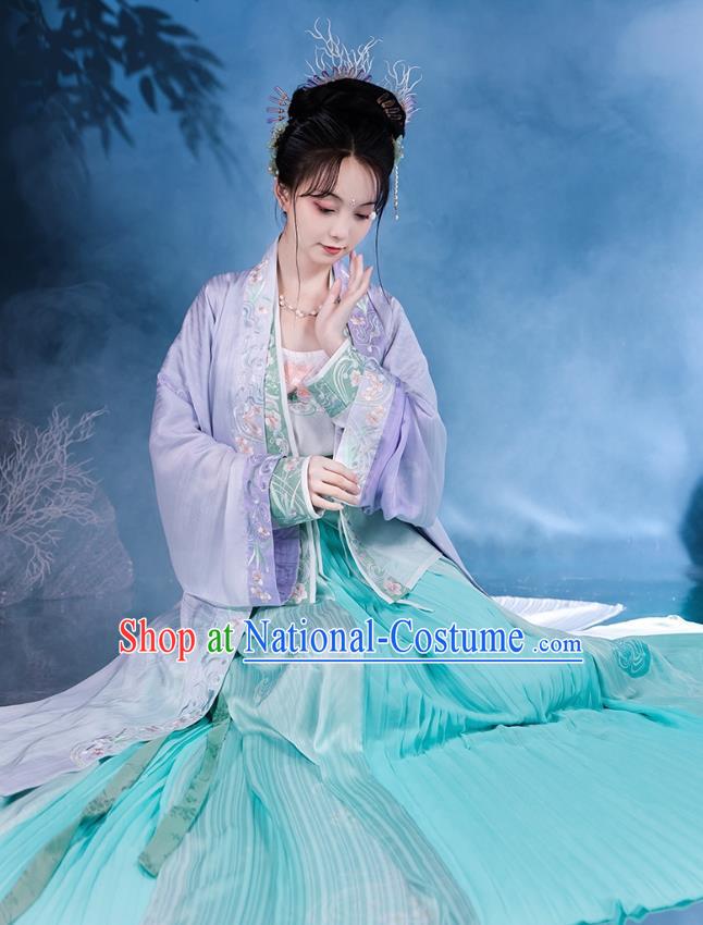 Song Dynasty Embroidered Costumes Traditional Hanfu Lilac Long Beizi Dress China Ancient Young Lady Clothing