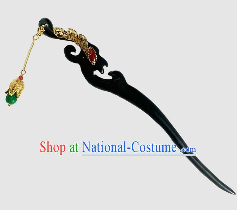 Chinese Hanfu Ebony Hairpin Traditional Golden Tassel Headgear Handmade Cheongsam Hair Jewelry Christmas Gift