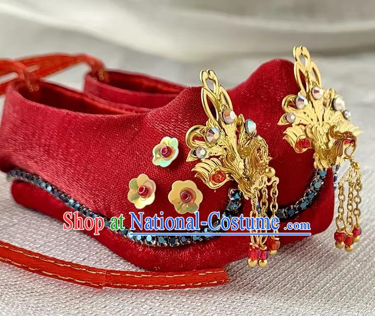 Chinese Traditional Embroidery Shoe Handmade Mazu Goddess Red Shoes Bodhisattva Phoenix Red Shoes