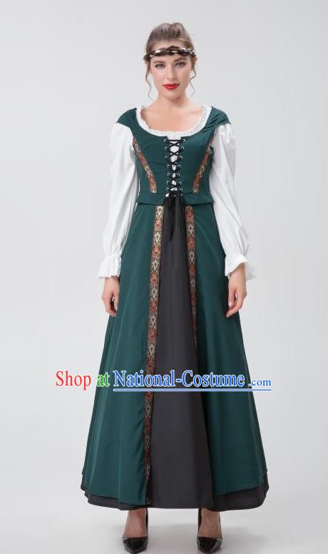 Renaissance Woman Court Dark Green Long Dress Christmas Drama Performance Costume Medieval European Costume