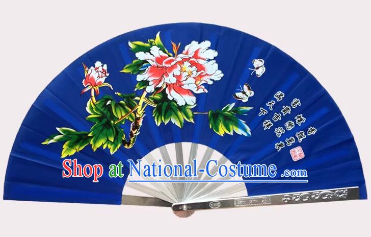 Top Stainless Metal Fan Tai Chi Dance Fan Kung Fu Fan Stage Performance Peony Blue Fan