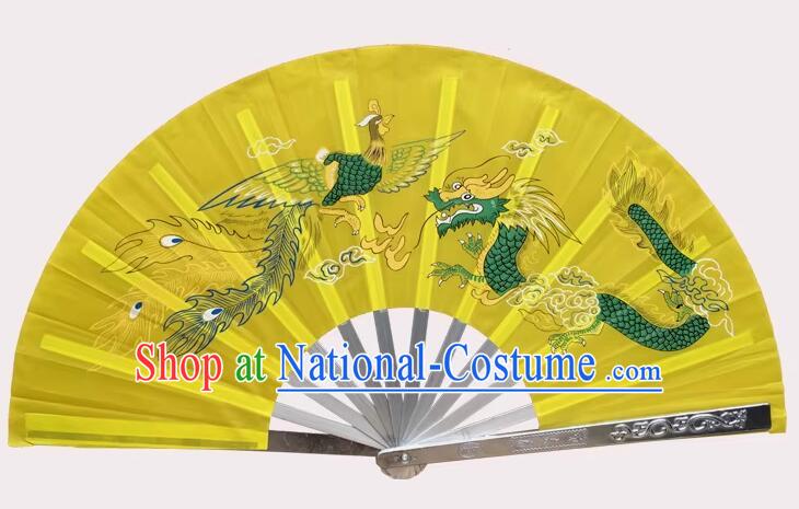 Stage Performance Dragon and Phoenix Yellow Fan Top Stainless Metal Fan Tai Chi Dance Fan Kung Fu Fan