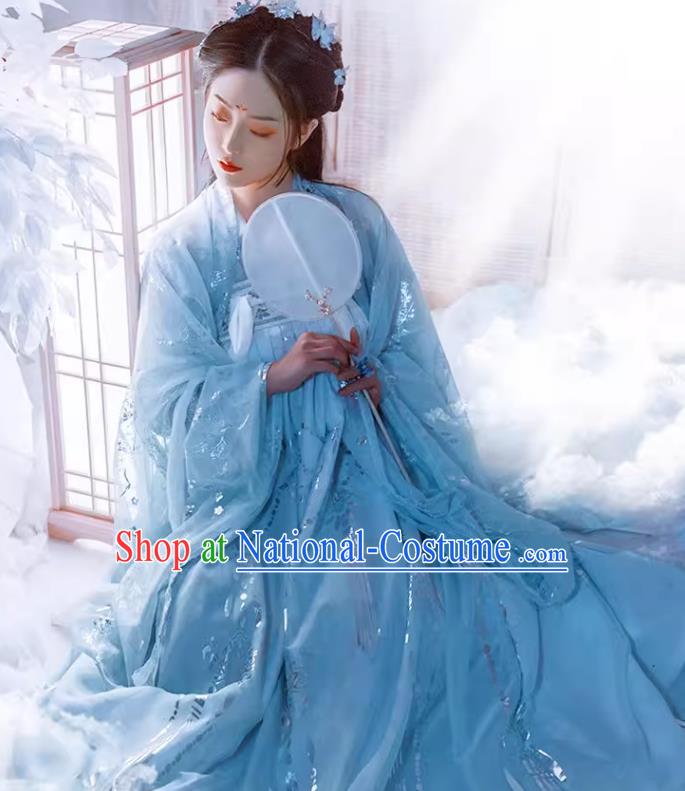 China Ancient Fairy Costumes Plus Size Hanfu Blue Qixiong Ruqun Tang Dynasty Princess Clothing