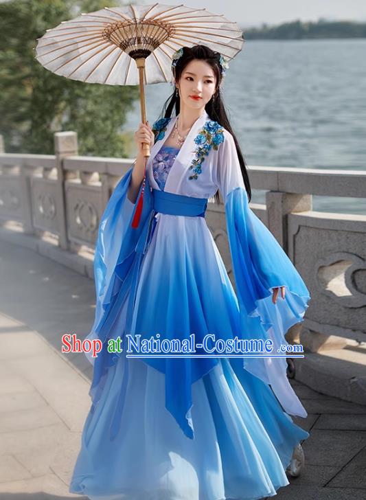 Blue China Ancient Fairy Costume Hanfu Wide Sleeve Goddess Dress Tang Dynasty Princess Clothing