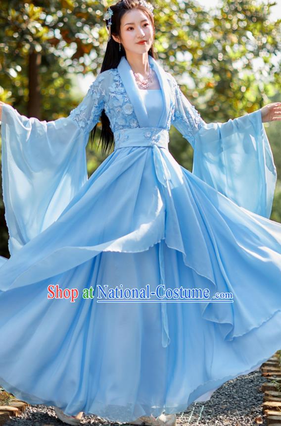 Blue Hanfu Wide Sleeve Fairy Dress China Tang Dynasty Princess Clothing Ancient Goddess Costume