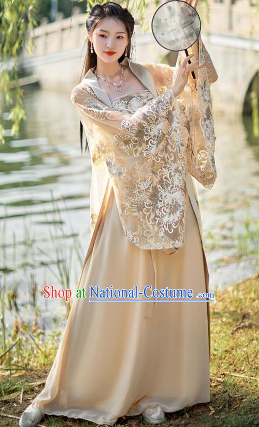 China Ancient Fairy Costume Beige Hanfu Embroidered Dress Tang Dynasty Beauty Dance Clothing