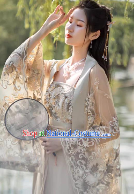 China Ancient Fairy Costume Beige Hanfu Embroidered Dress Tang Dynasty Beauty Dance Clothing