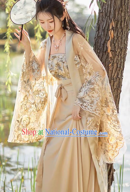 China Ancient Fairy Costume Beige Hanfu Embroidered Dress Tang Dynasty Beauty Dance Clothing