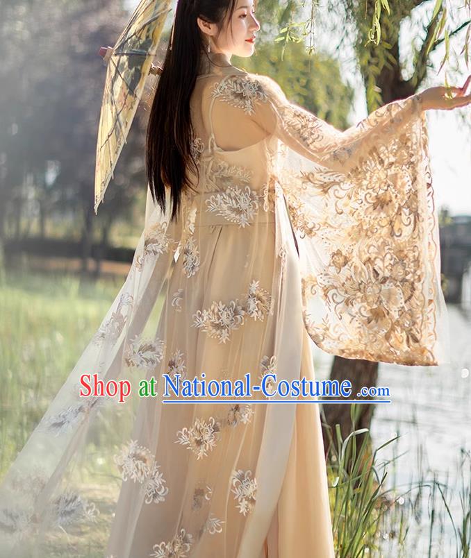 China Ancient Fairy Costume Beige Hanfu Embroidered Dress Tang Dynasty Beauty Dance Clothing