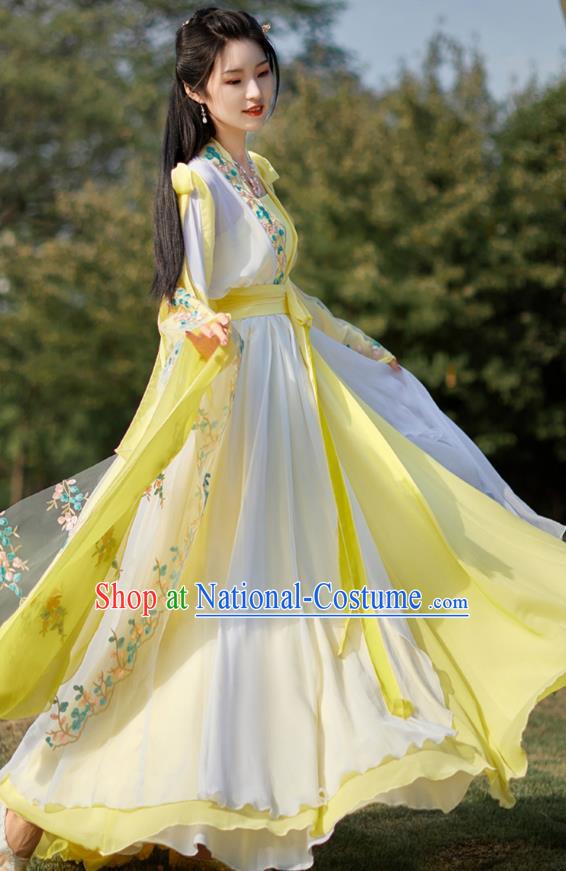 China Tang Dynasty Beauty Dance Clothing Ancient Fairy Costume Yellow Hanfu Embroidered Dress