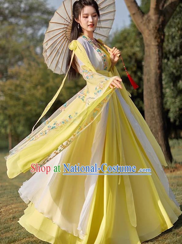 China Tang Dynasty Beauty Dance Clothing Ancient Fairy Costume Yellow Hanfu Embroidered Dress