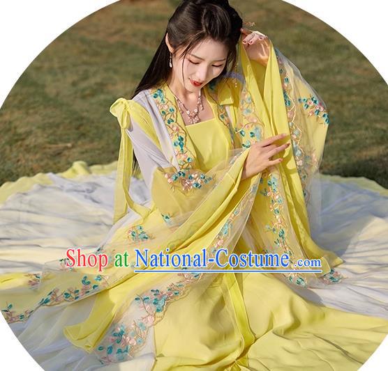 China Tang Dynasty Beauty Dance Clothing Ancient Fairy Costume Yellow Hanfu Embroidered Dress