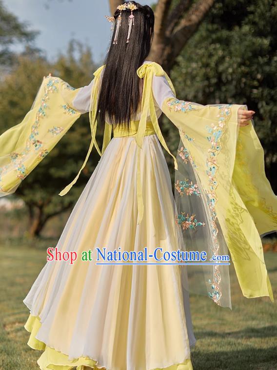 China Tang Dynasty Beauty Dance Clothing Ancient Fairy Costume Yellow Hanfu Embroidered Dress