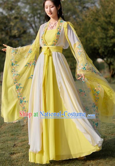 China Tang Dynasty Beauty Dance Clothing Ancient Fairy Costume Yellow Hanfu Embroidered Dress