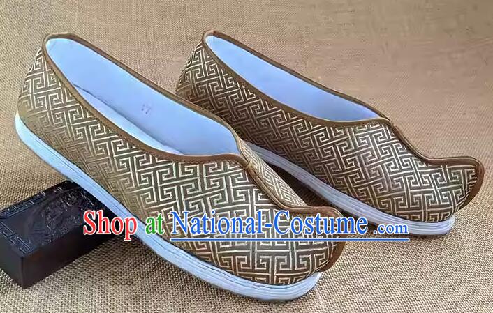 Traditional Kung Fu Shoes Handmade Old Peking Dark Golden Brocade Shoes Chinese Strong Cloth Soles Shoes