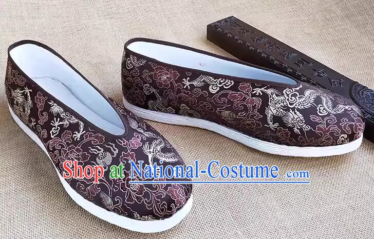 Chinese Traditional Kung Fu Shoes Handmade Brown Brocade Shoes Old Peking Strong Cloth Soles Shoes