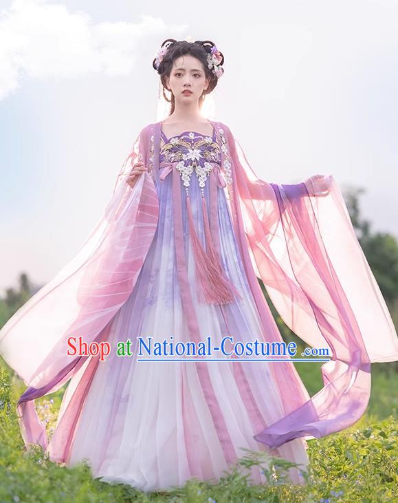 China Traditional Pink Hanfu Dress Ancient Flower Fairy Clothing Tang Dynasty Royal Princess Costumes