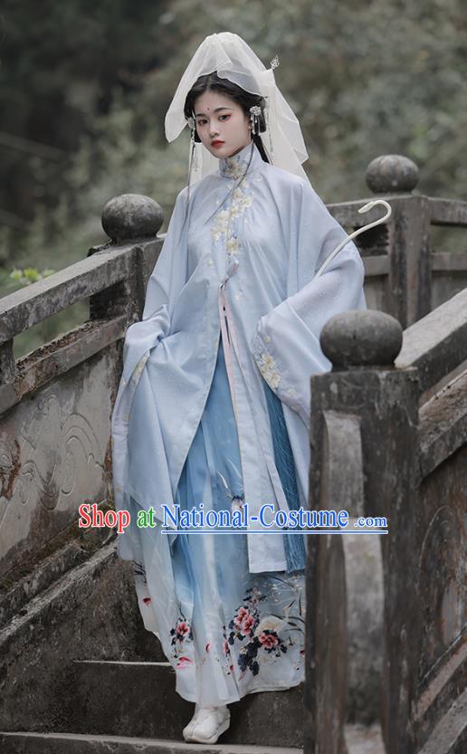 China Ming Dynasty Royal Princess Costumes Traditional Embroidered Blue Hanfu Dress Ancient Noble Beauty Clothing