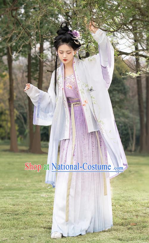 China Traditional Embroidered Hanfu Dresses Ancient Noble Lady Clothing Song Dynasty Princess Lilac Costumes