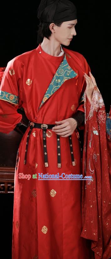 China Ancient Swordsman Costumes Traditional Wedding Hanfu Red Robe Tang Dynasty Groom Clothing