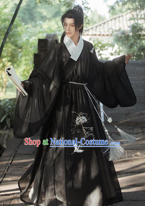 Male Traditional Hanfu Black Outfit China Ming Dynasty Young Childe Clothing Ancient Scholar Costumes